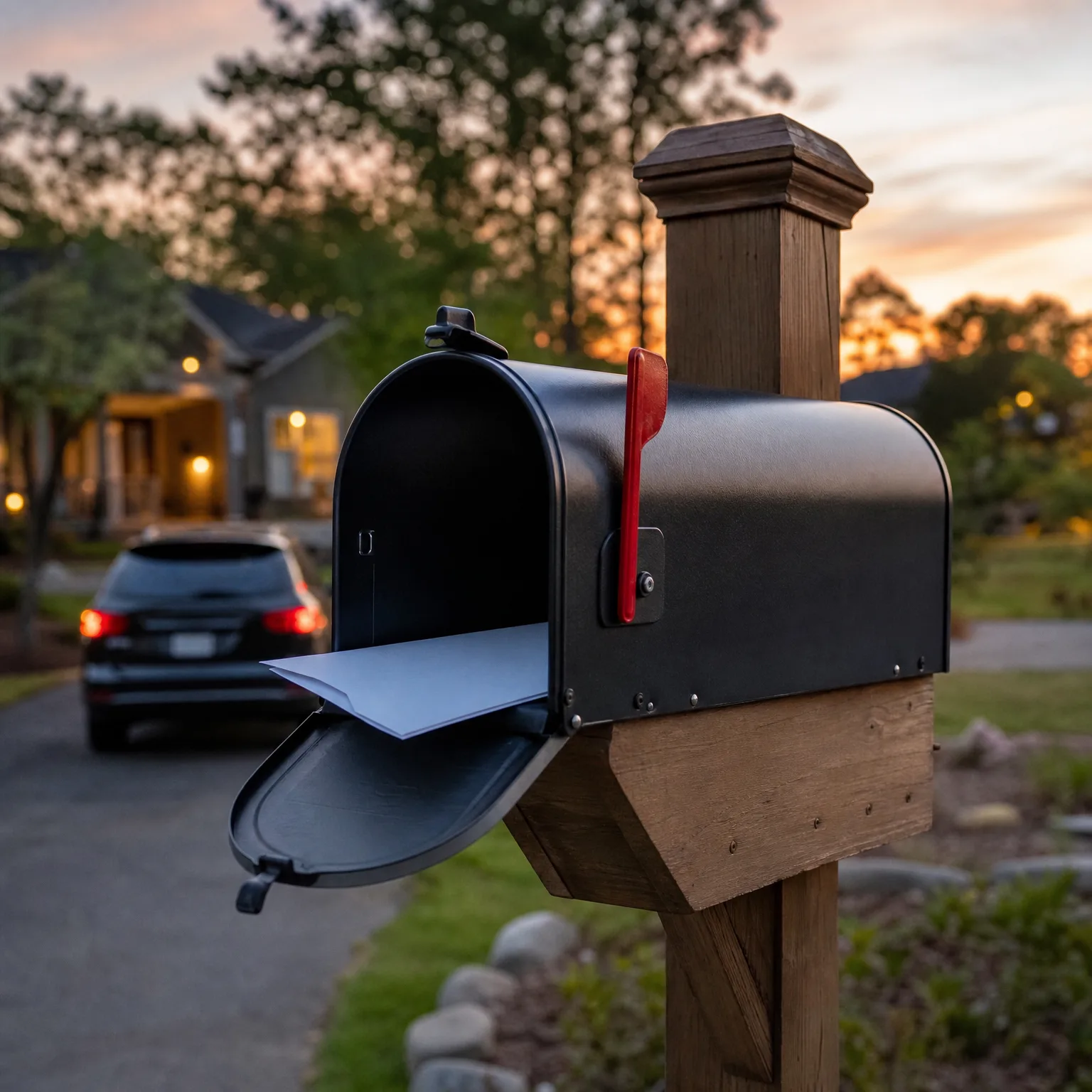 An open black mailbox with a raised red flag on a wooden post, holding white envelopes, with a dark SUV in a driveway and a house blurred in the background at dusk.